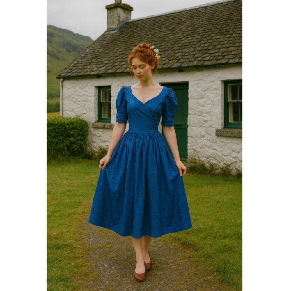 Laura Ashley Cottagcore Boho Blue Dress Prairie Vintage Retro Midi Pockets 8